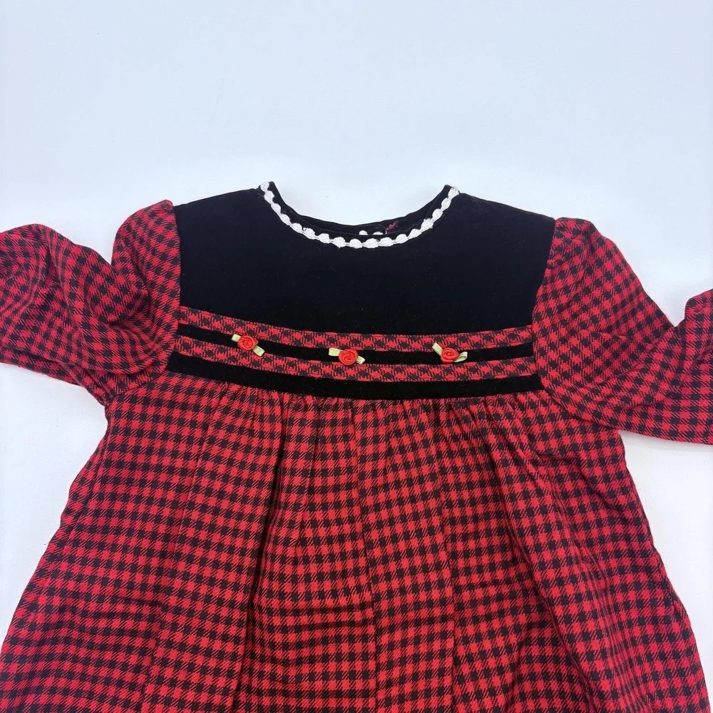 Okie Dokie Coverall Girls 9-12M Red Check Velvet Holiday Cuffed‎ Snap One Piece